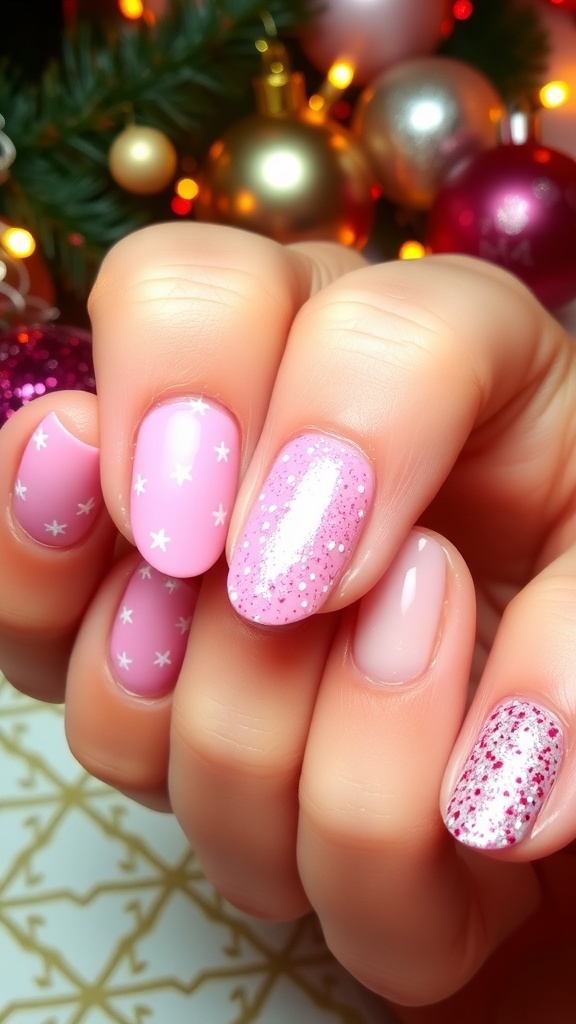 Festive Pink Christmas Nail Ideas A display of pink Christmas nail designs including snowflakes, glitter, and holiday patterns.